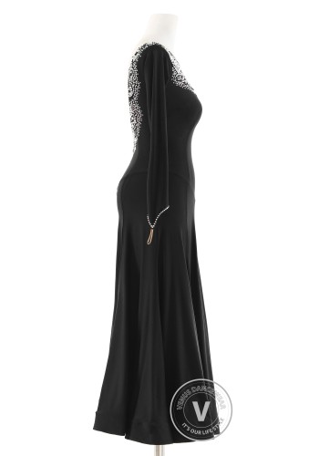 Black Crystal Crest Luxury Crepe Ballroom Smooth Practice Dance Dress P0077