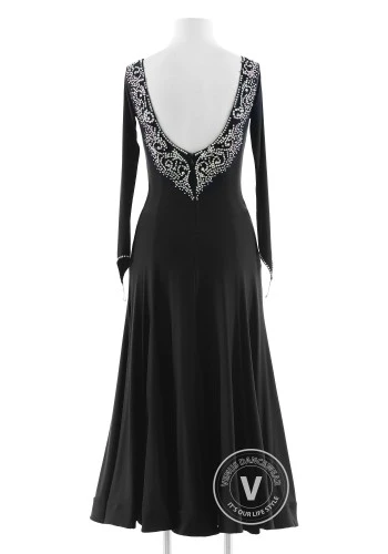 Black Crystal Crest Luxury Crepe Ballroom Smooth Practice Dance Dress P0077