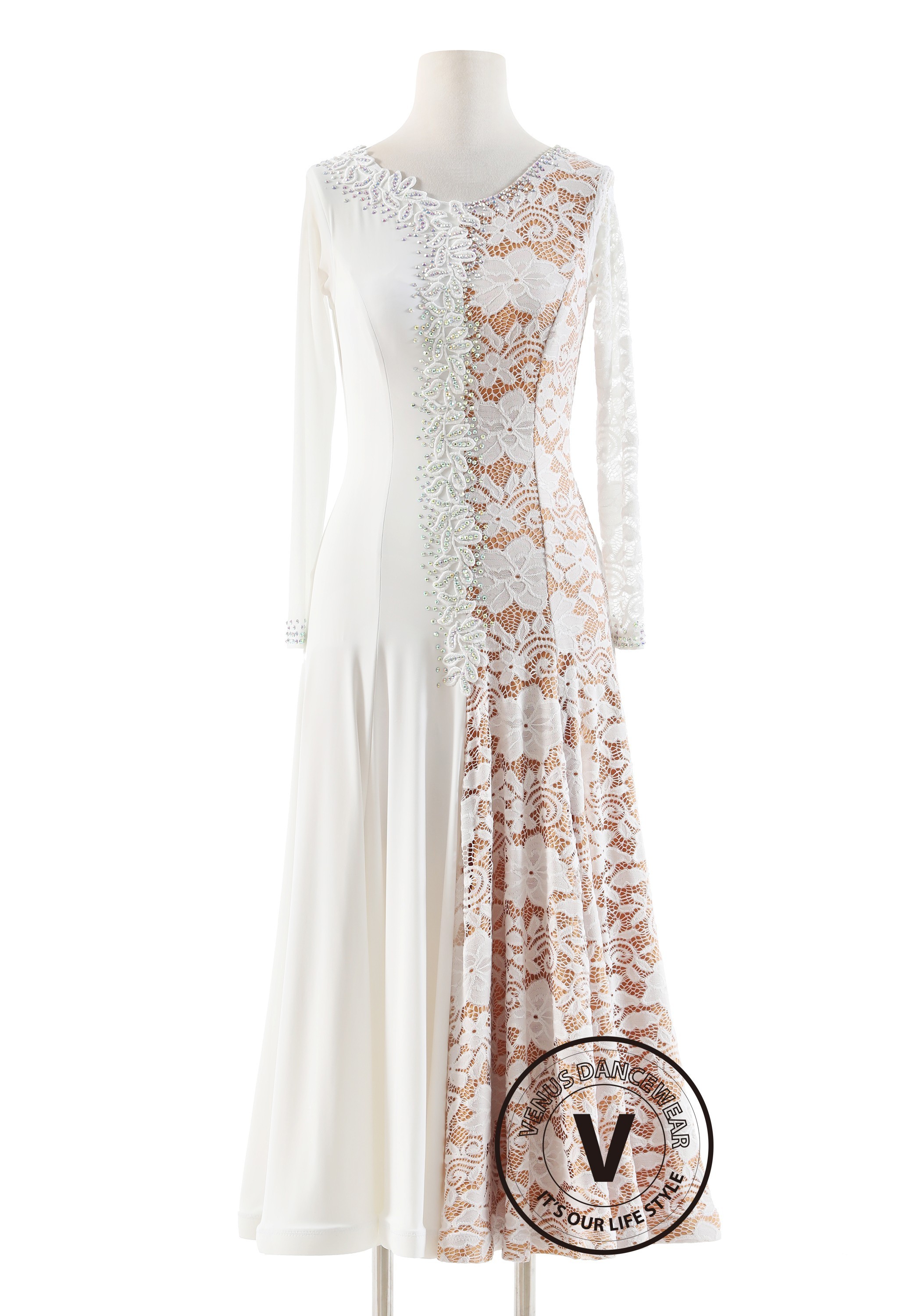Ivory Lace Elegance Luxury Crepe Ballroom Smooth Practice Dance Dress P0079