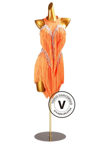 Tangerine Flame Fringe Latin Rhythm Chacha Salsa Rumba Competition Dance Dress