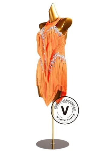 Tangerine Flame Fringe Latin Rhythm Chacha Salsa Rumba Competition Dance Dress