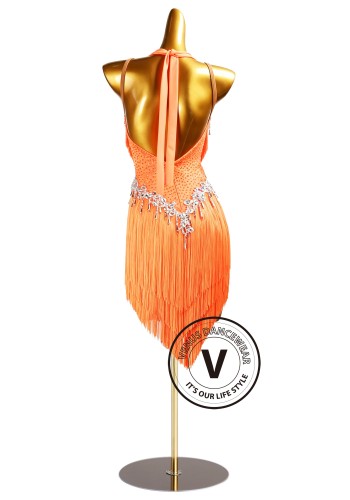 Tangerine Flame Fringe Latin Rhythm Chacha Salsa Rumba Competition Dance Dress