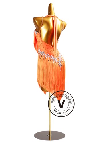 Tangerine Flame Fringe Latin Rhythm Chacha Salsa Rumba Competition Dance Dress