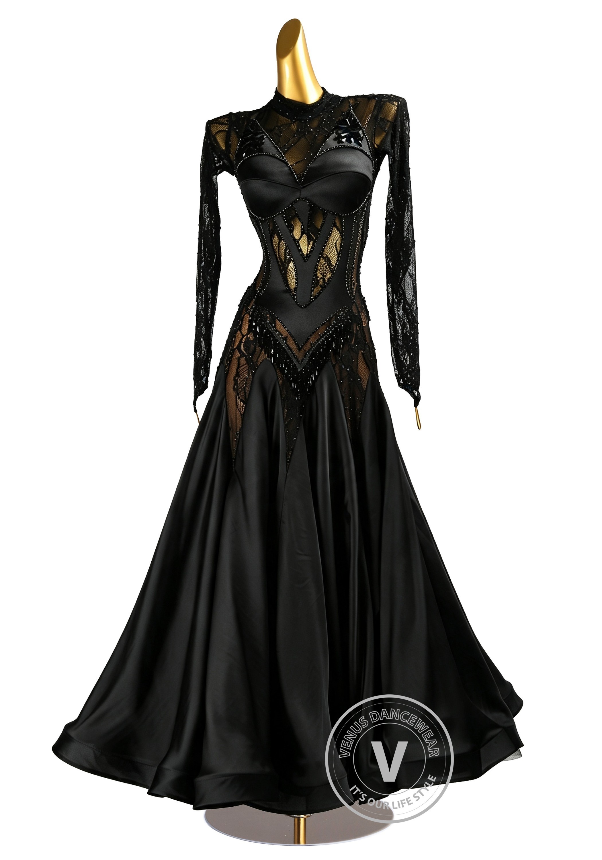 Black Allure Lace Waltz Ballroom Dress American Smooth Competition Dresses