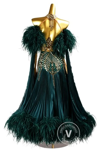 Deep Emerald Majesty Feather Waltz Ballroom Dress American Smooth Competition Dresses