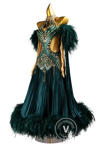 Deep Emerald Majesty Feather Waltz Ballroom Dress American Smooth Competition Dresses