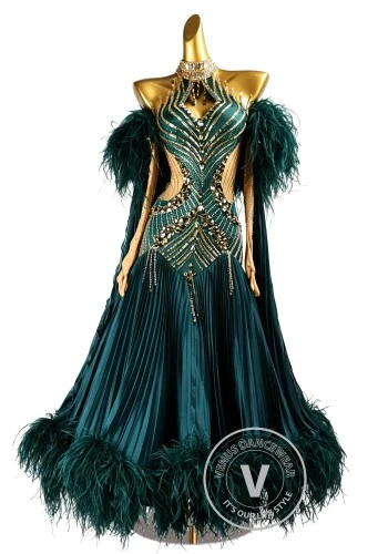 Deep Emerald Majesty Feather Waltz Ballroom Dress American Smooth Competition Dresses