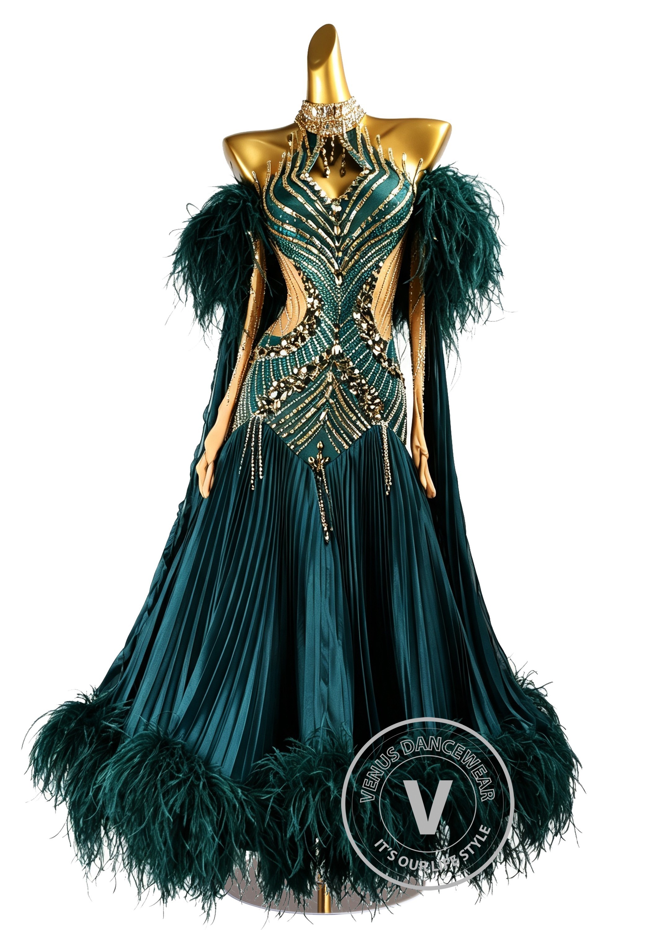 Deep Emerald Majesty Feather Waltz Ballroom Dress American Smooth Competition Dresses