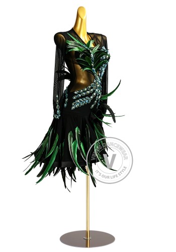 Jungle Noir Feather Latin Rhythm Chacha Salsa Rumba Competition Dance Dress