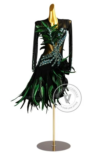 Jungle Noir Feather Latin Rhythm Chacha Salsa Rumba Competition Dance Dress