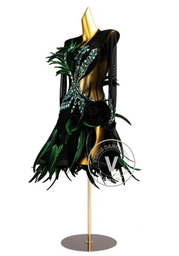 Jungle Noir Feather Latin Rhythm Chacha Salsa Rumba Competition Dance Dress