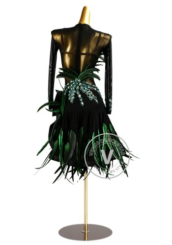 Jungle Noir Feather Latin Rhythm Chacha Salsa Rumba Competition Dance Dress