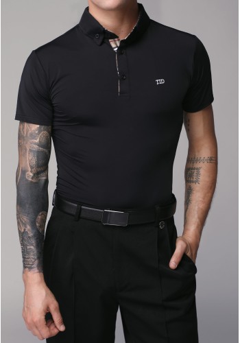 TID Men's Short Sleeve Polo Dance Shirt with Plaid Collar A002H