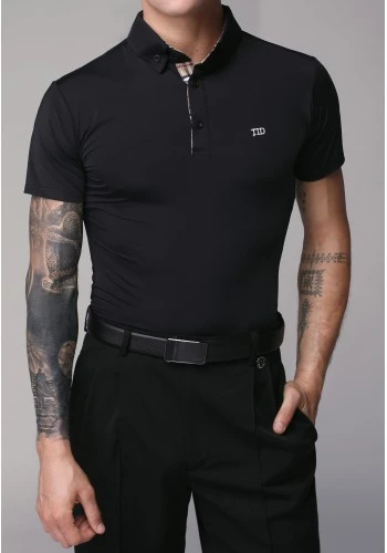 TID Men's Short Sleeve Polo Dance Shirt with Plaid Collar A002H