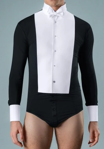 Black Men's Long Sleeve Ballroom Competition Dance Shirt with Built-in Pants