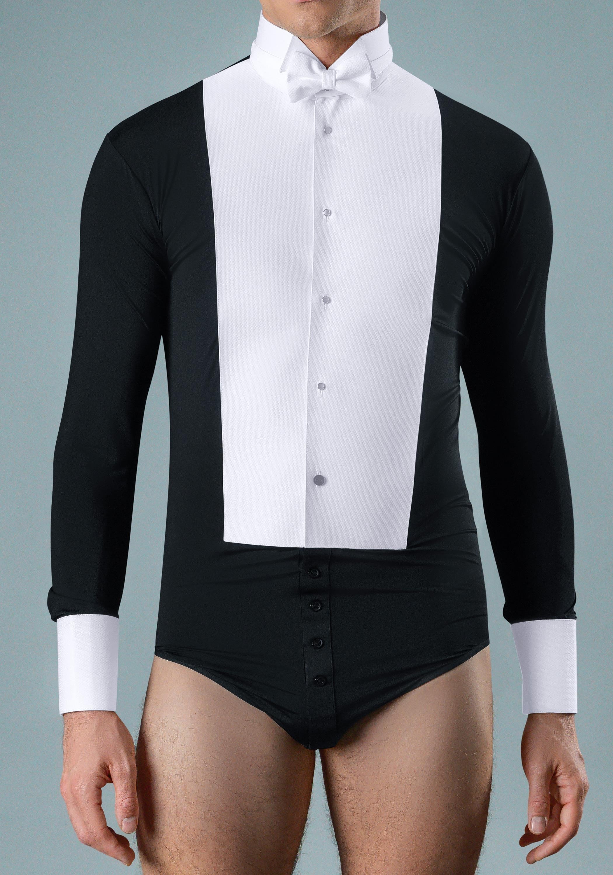 Black Men's Long Sleeve Ballroom Competition Dance Shirt with Built-in Pants