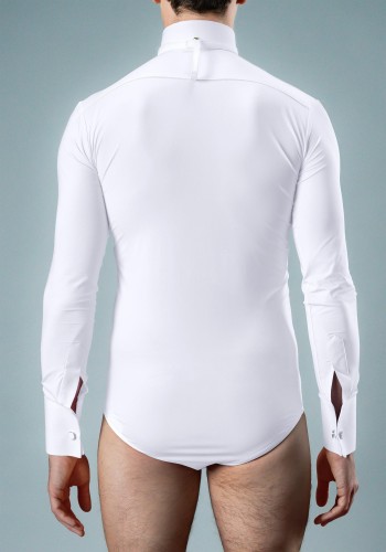 White Men's Long Sleeve Ballroom Competition Dance Shirt with Built-in Pants ML18