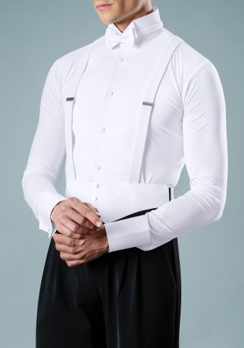 White Men's Long Sleeve Ballroom Competition Dance Shirt with Built-in Pants ML18