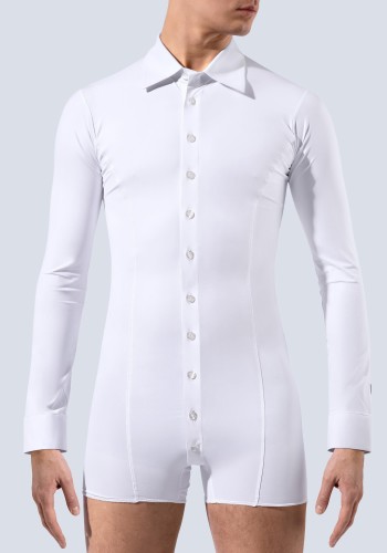 White Men's Slim Fit Button-Up Latin Dance Shirt with Built-In Body Brief ML19