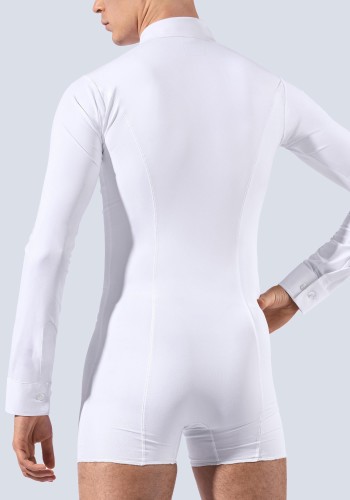 White Men's Slim Fit Button-Up Latin Dance Shirt with Built-In Body Brief ML19