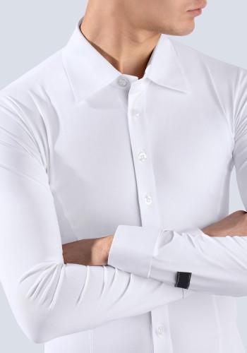 White Men's Slim Fit Button-Up Latin Dance Shirt with Built-In Body Brief ML19