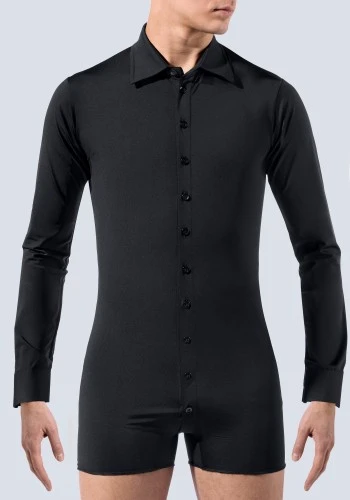 Black Men's Fitted Lapel Latin Dance Shirt with Integrated Body Brief ML20