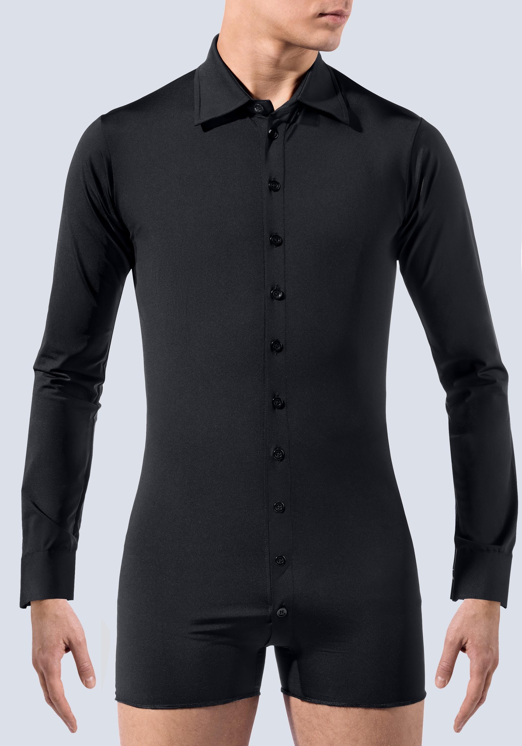 Black Men's Fitted Lapel Latin Dance Shirt with Integrated Body Brief ML20