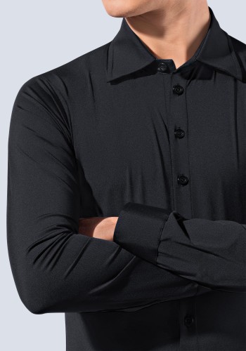 Black Men's Fitted Lapel Latin Dance Shirt with Integrated Body Brief ML20