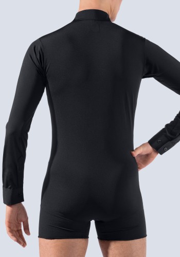 Black Men's Fitted Lapel Latin Dance Shirt with Integrated Body Brief ML20