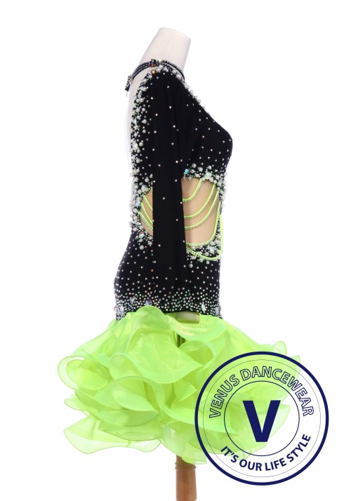 Green Latin Rhythm Chacha Salsa Competition Pearls Dress