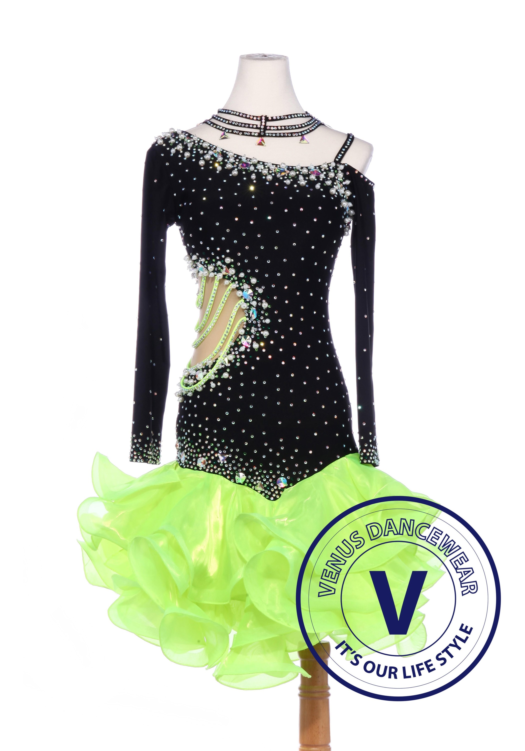 Green Latin Rhythm Chacha Salsa Competition Pearls Dress