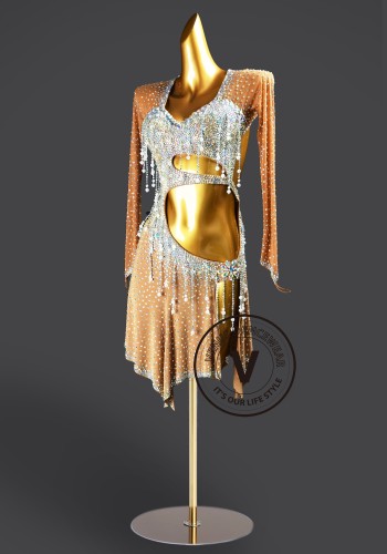 Champagne Cascade Latin Rhythm Chacha Salsa Rumba Competition Dance Dress