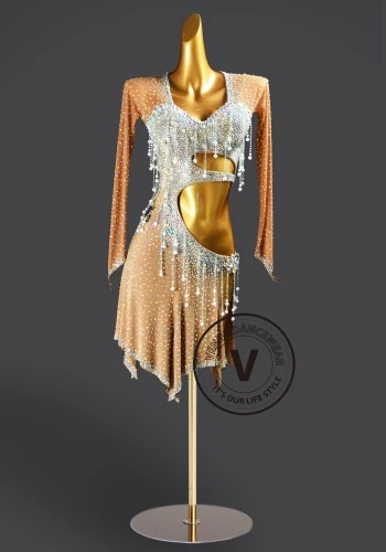 Champagne Cascade Latin Rhythm Chacha Salsa Rumba Competition Dance Dress