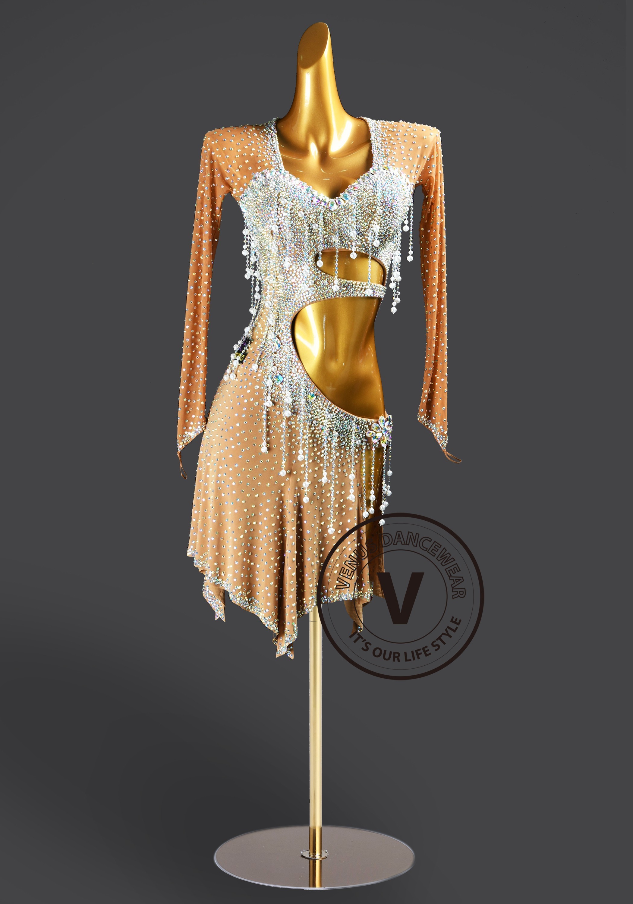 Champagne Cascade Latin Rhythm Chacha Salsa Rumba Competition Dance Dress