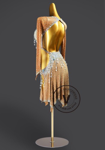 Champagne Cascade Latin Rhythm Chacha Salsa Rumba Competition Dance Dress