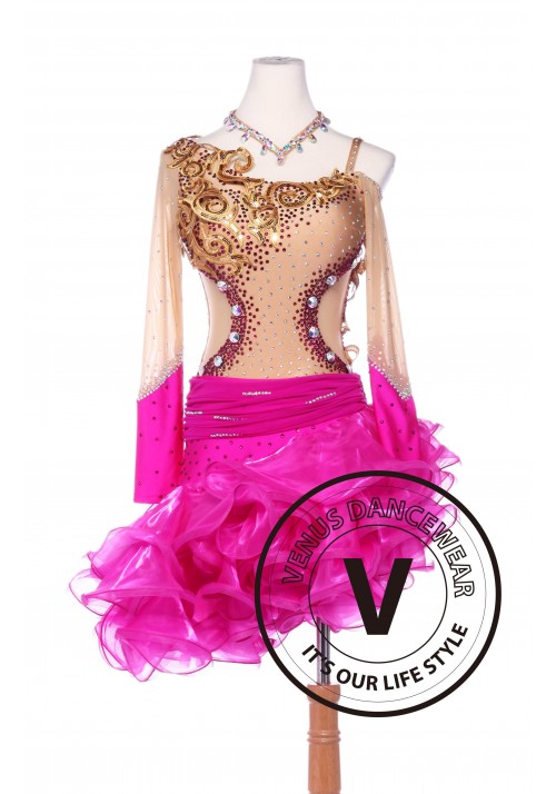 Gold and Rose Sequin Latin Rhythm Chacha Salsa Competition Dancing Dress