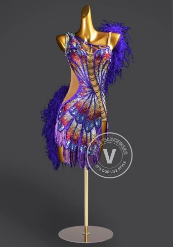 Violet Iridescent Phoenix Latin Rhythm Chacha Salsa Rumba Competition Dance Dress