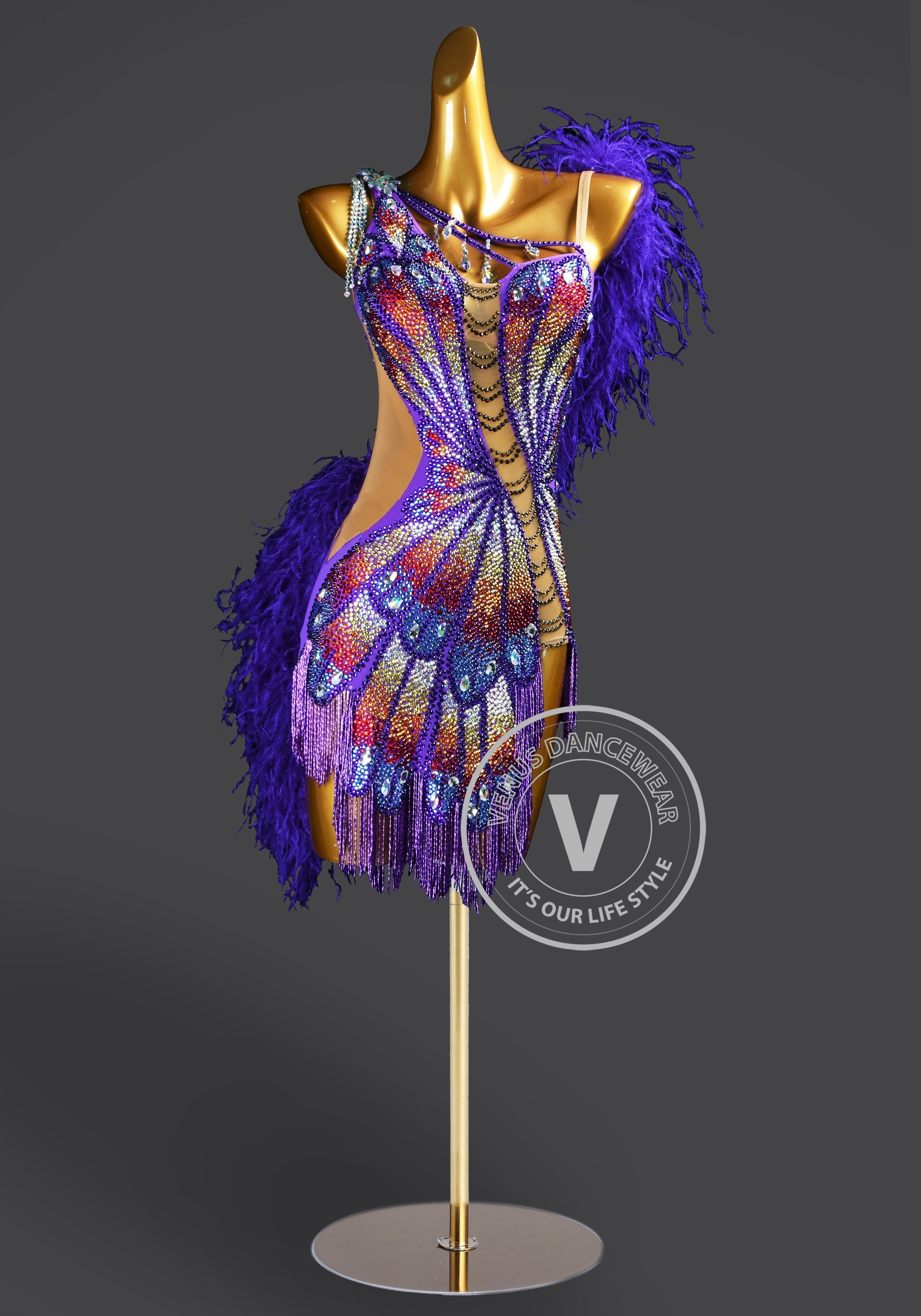 Violet Iridescent Phoenix Latin Rhythm Chacha Salsa Rumba Competition Dance Dress